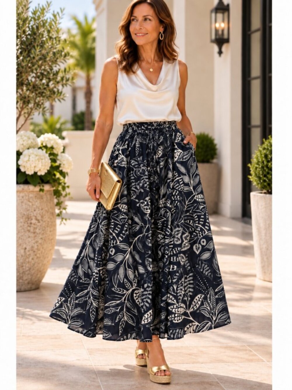 Calypso St. Barth Full Maxi Skirt – Black & White Botanical Print NWT